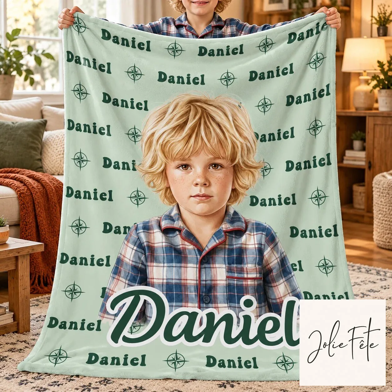 Personalized Watercolor Portrait Child Name Custom Photo Throw Blanket