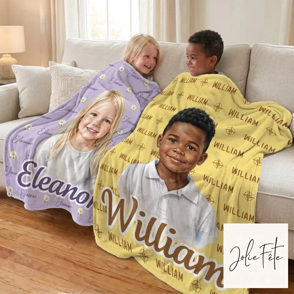 Personalized Watercolor Portrait Child Name Custom Photo Throw Blanket 17 Personalized Watercolor Portrait Child Name Custom Photo Throw Blanket
