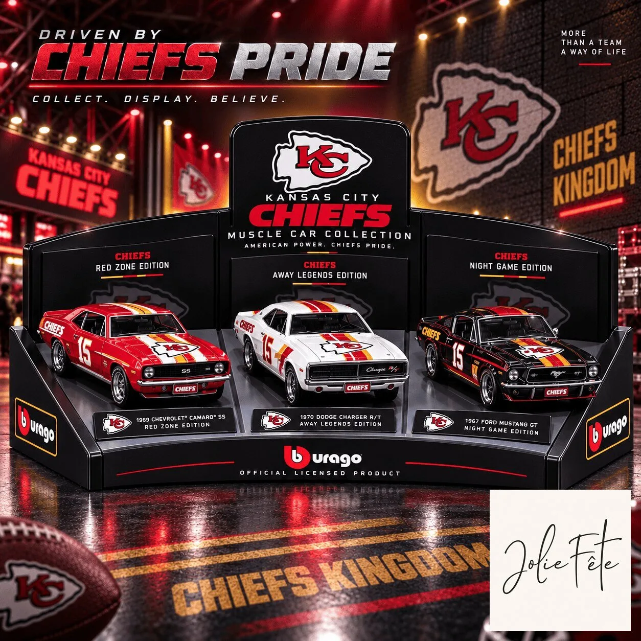 Kansas City Chiefs Muscle Car Collection 3-Piece Set Diecast Model Vehicle 10 Kansas City Chiefs Muscle Car Collection 3-Piece Set Diecast Model Vehicle