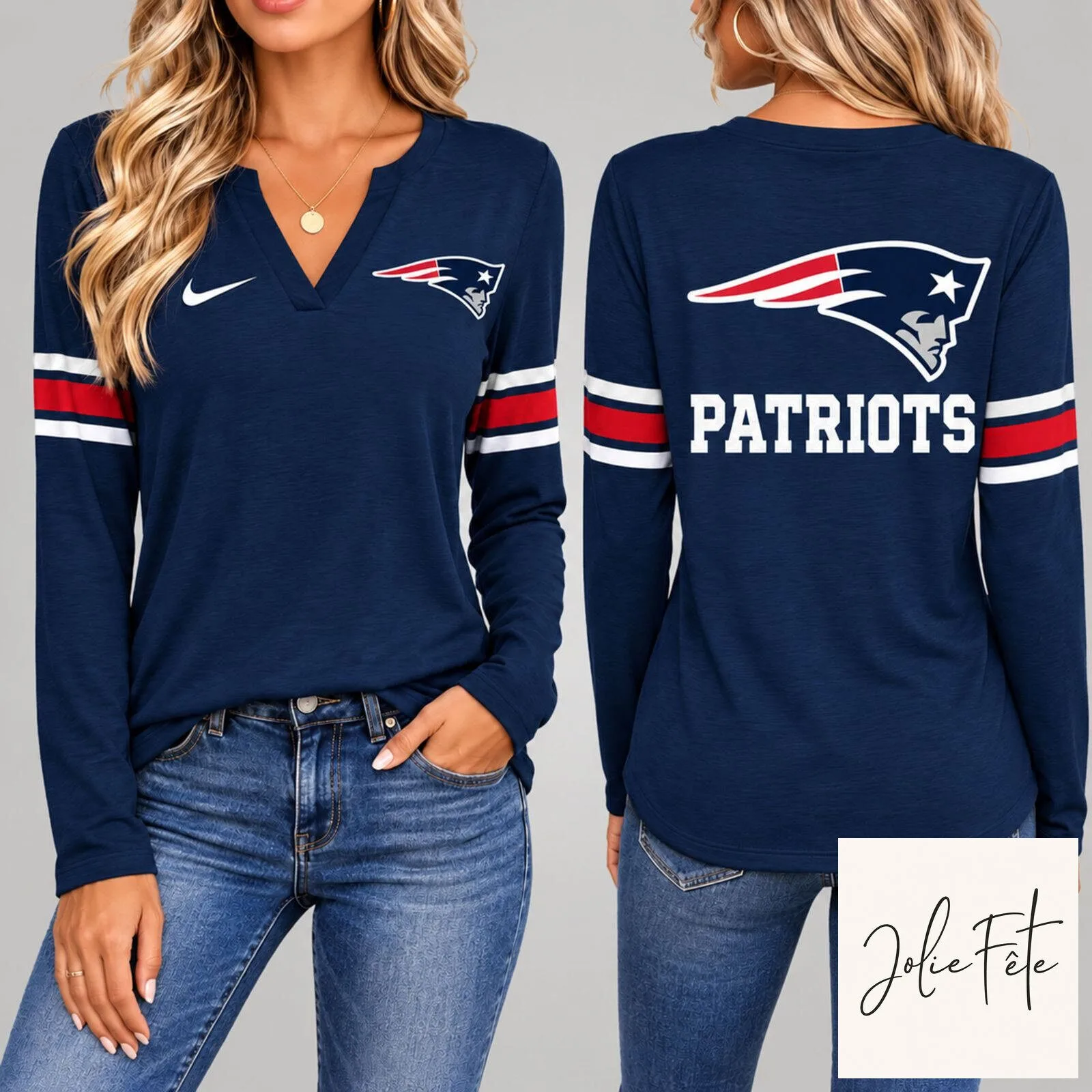 New England Patriots Women's Vintage V-Neck Long Sleeve Fan Shirt