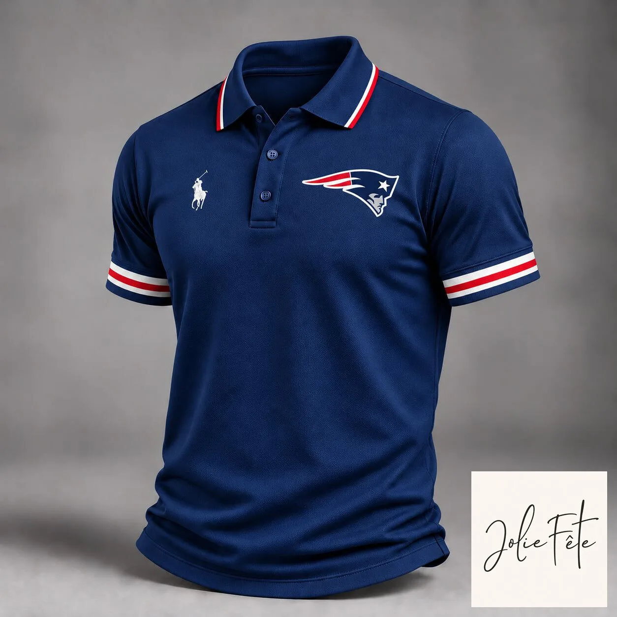 New England Patriots NFL Football Team Navy Blue Striped Collar Polo Shirt