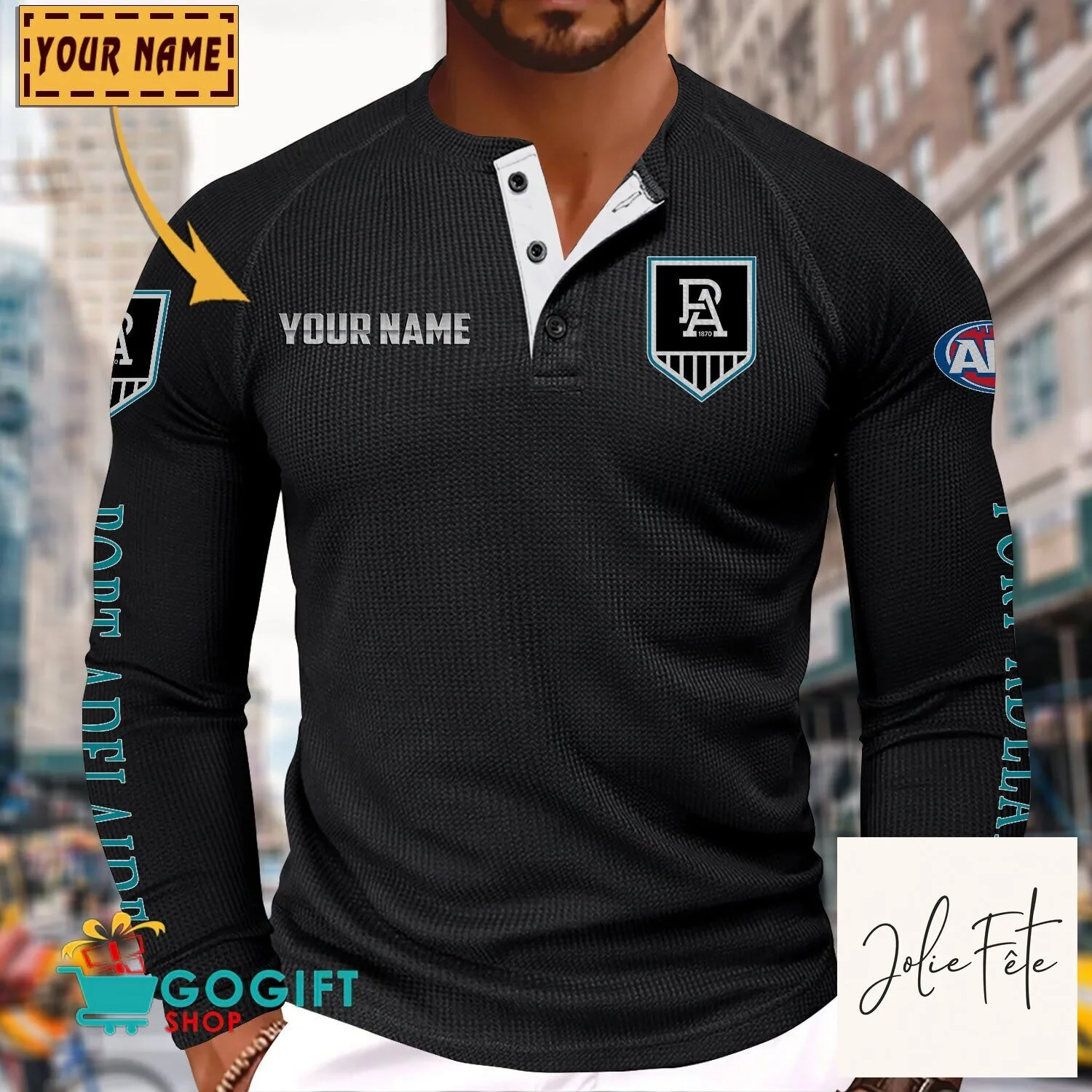 Port Adelaide Football Club Personalized Long Sleeve Henley Shirt