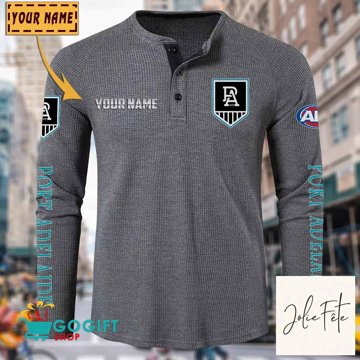Port Adelaide Football Club Personalized Long Sleeve Henley Shirt 18 Port Adelaide Football Club Personalized Long Sleeve Henley Shirt