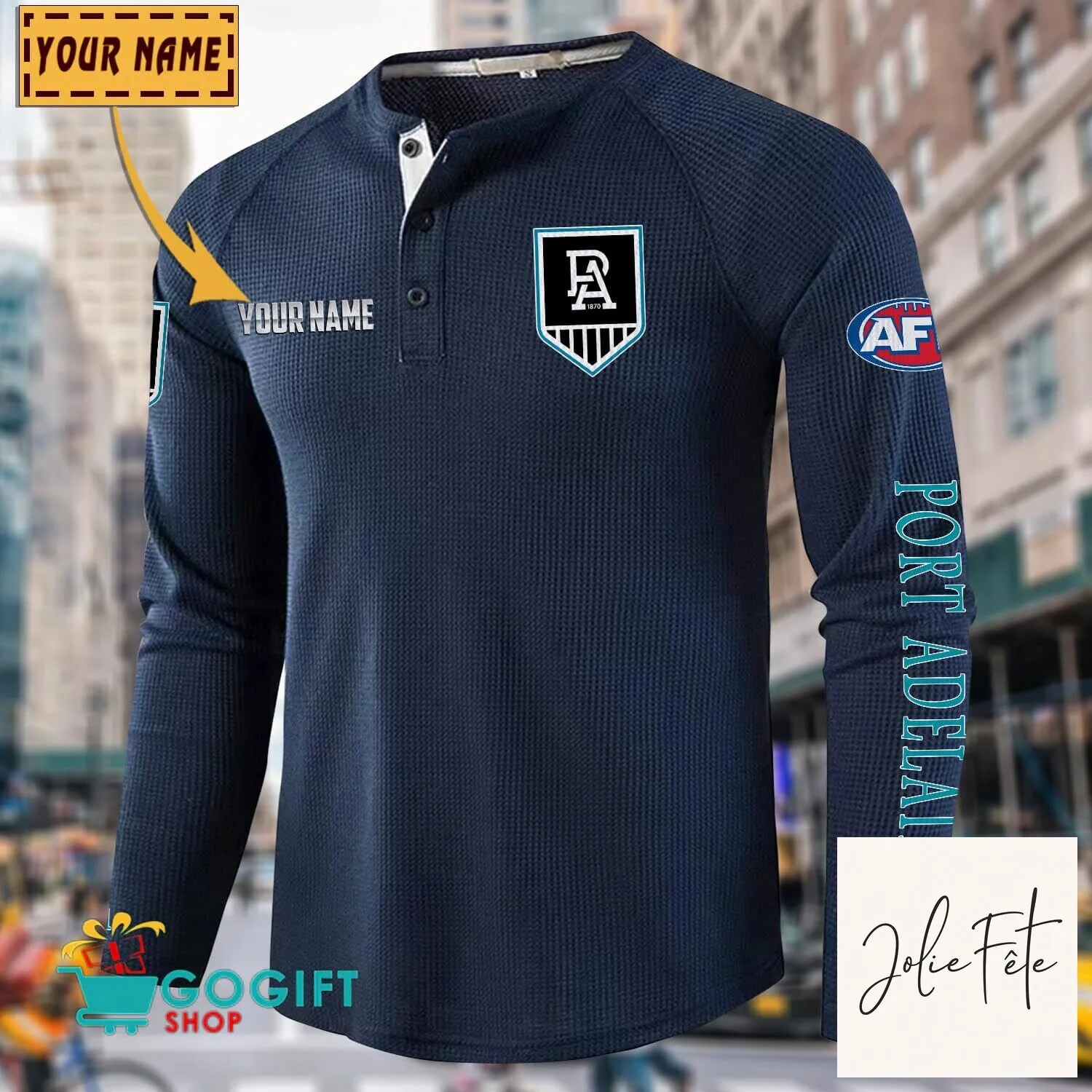 Port Adelaide Football Club Personalized Long Sleeve Henley Shirt 21 Port Adelaide Football Club Personalized Long Sleeve Henley Shirt