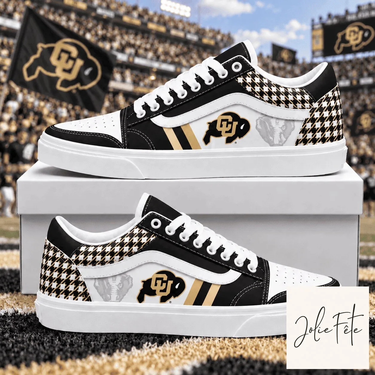 Colorado Buffaloes NCAA Houndstooth Pattern Gold Stripe Custom Design Shoes 2 Colorado Buffaloes NCAA Houndstooth Pattern Gold Stripe Custom Design Shoes