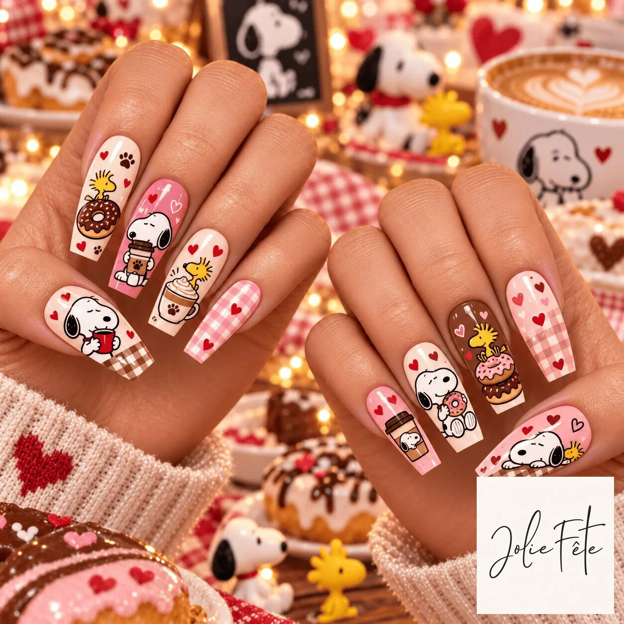 Snoopy and Woodstock Coffee Date Sweet Love Press-On Nails Set for Women