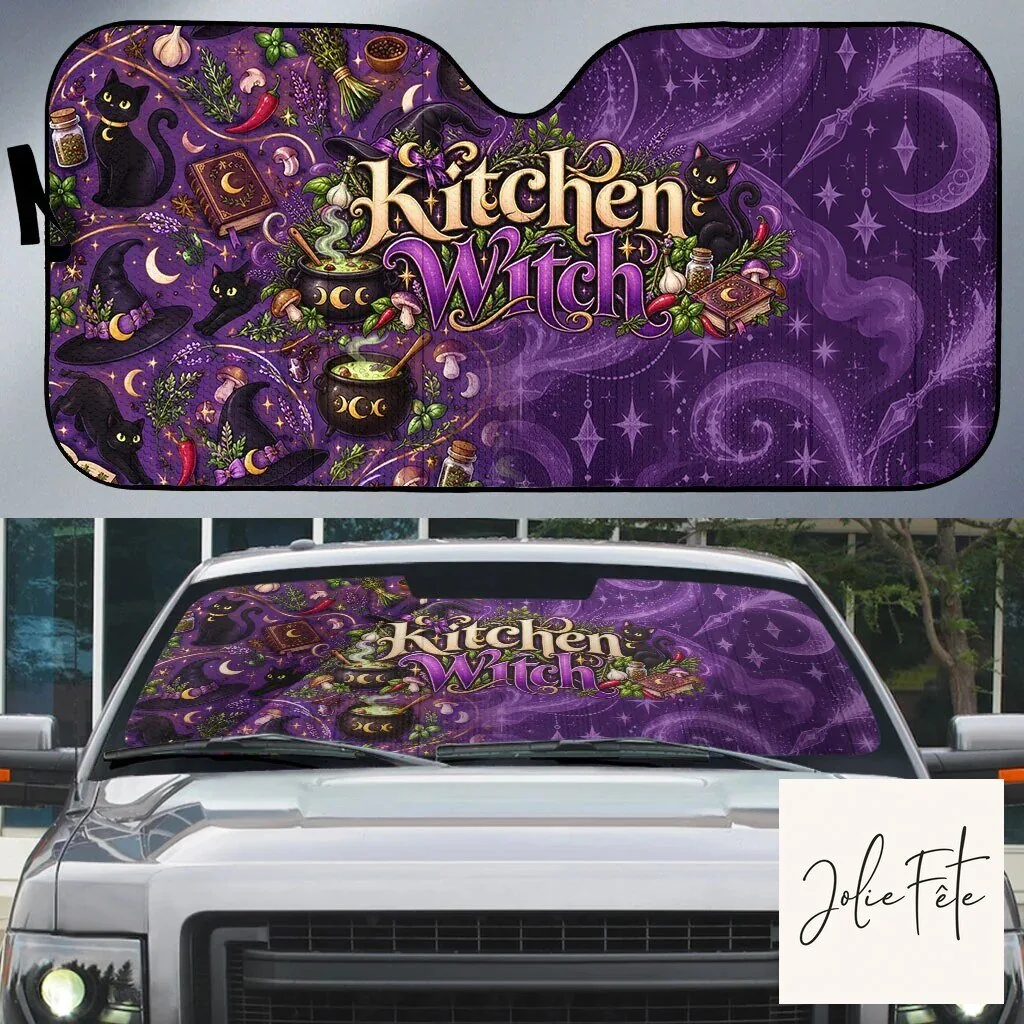 Kitchen Witch Mystical Wiccan Magic Herb Cauldron Black Cat Car Sunshade