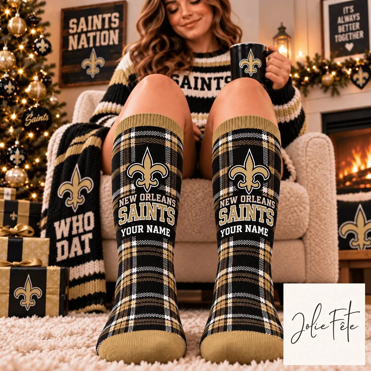 New Orleans Saints Personalized Plaid Pattern Fan Socks