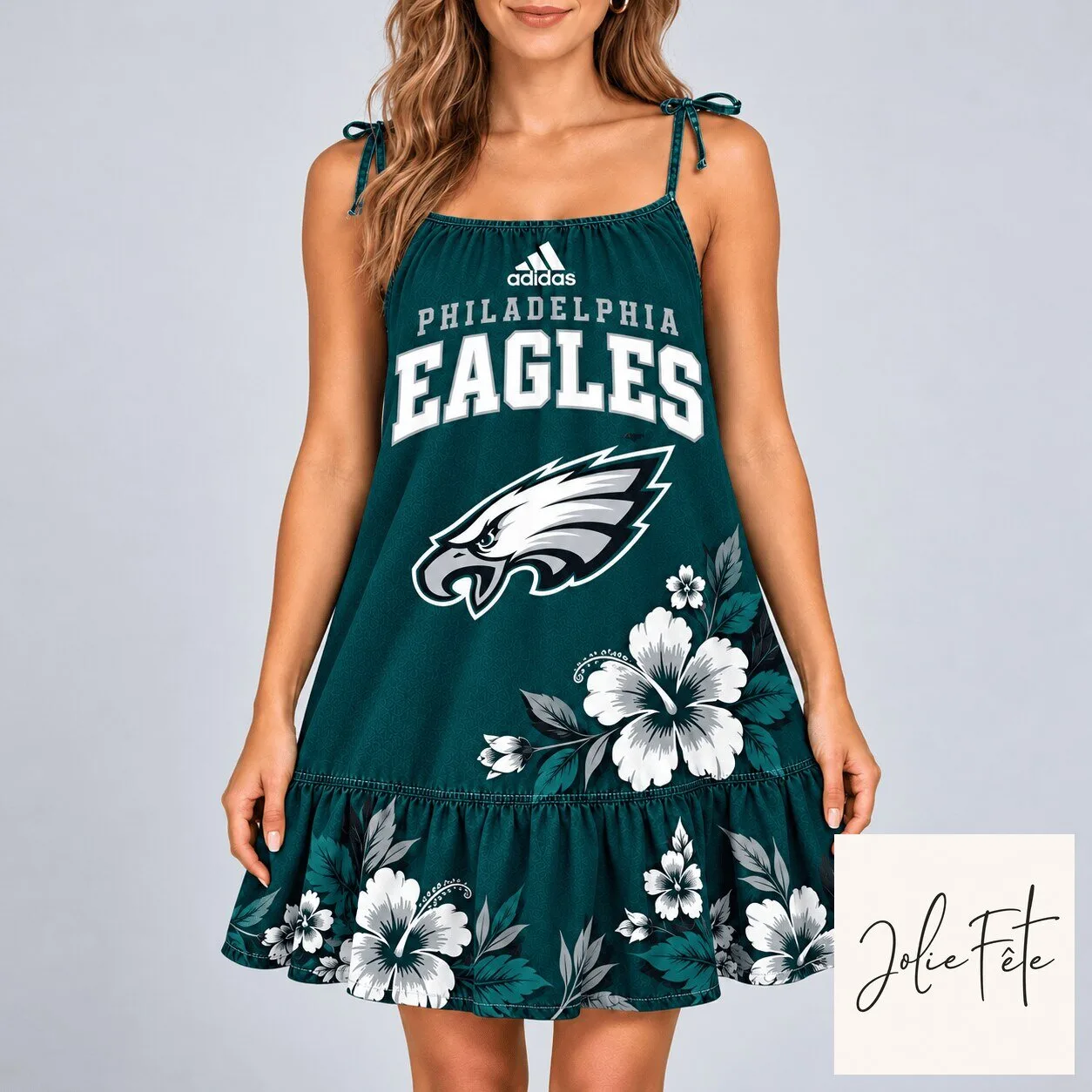 Philadelphia Eagles Tropical Hibiscus Floral Pattern Sleeveless Ruffle Dress