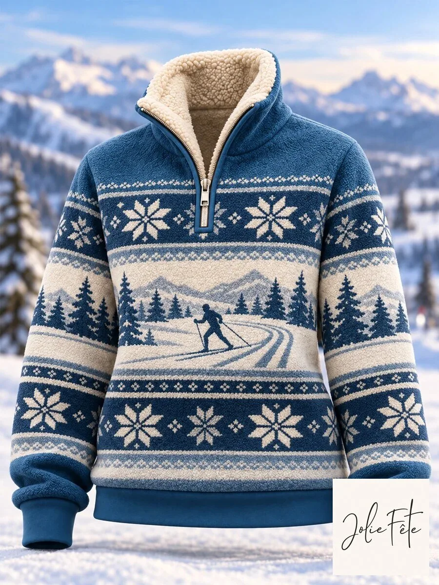 Skiing Winter Wonderland Snowflake Pattern Fleece Pullover Sweatshirt