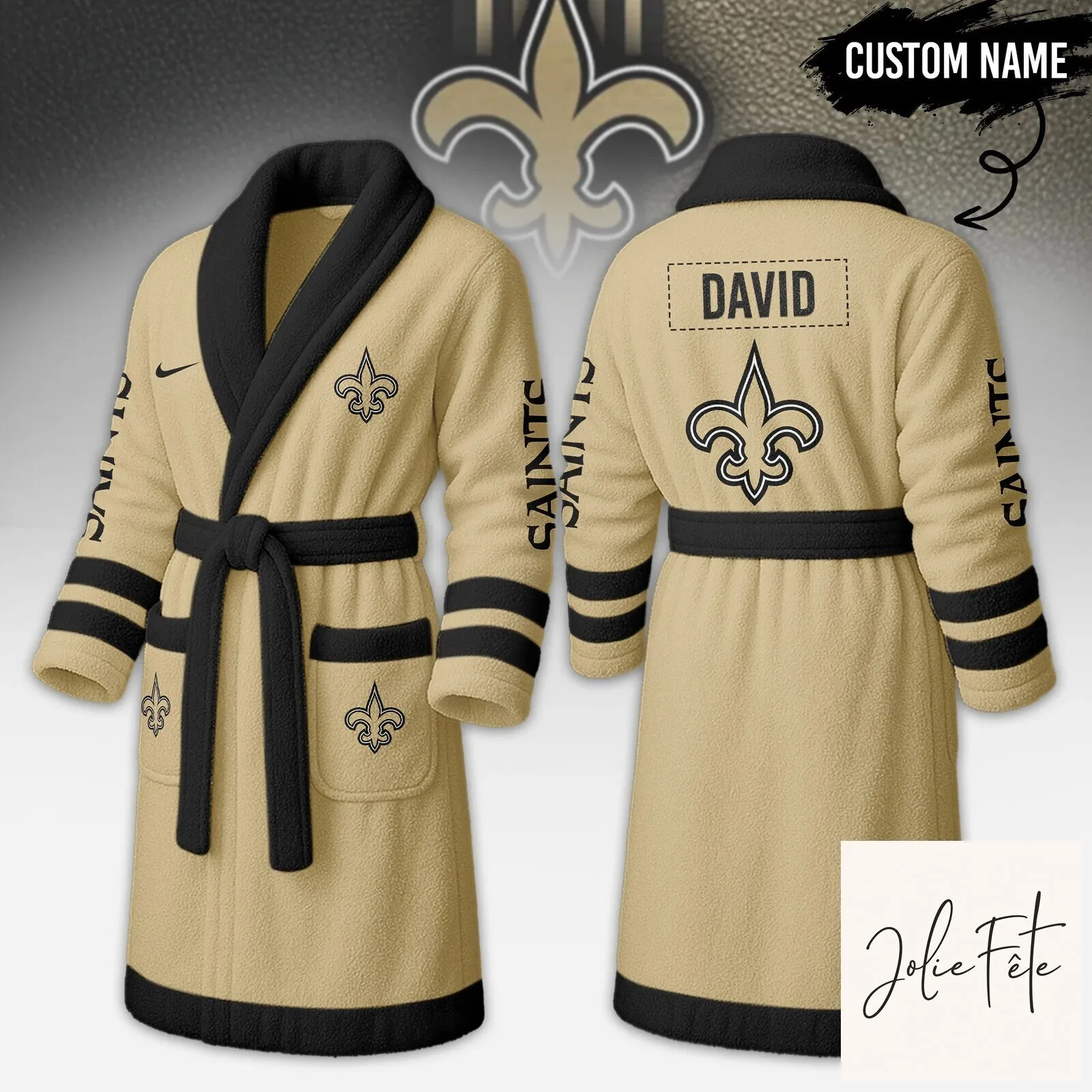 New Orleans Saints Personalized Gold and Black Fleece Bathrobe