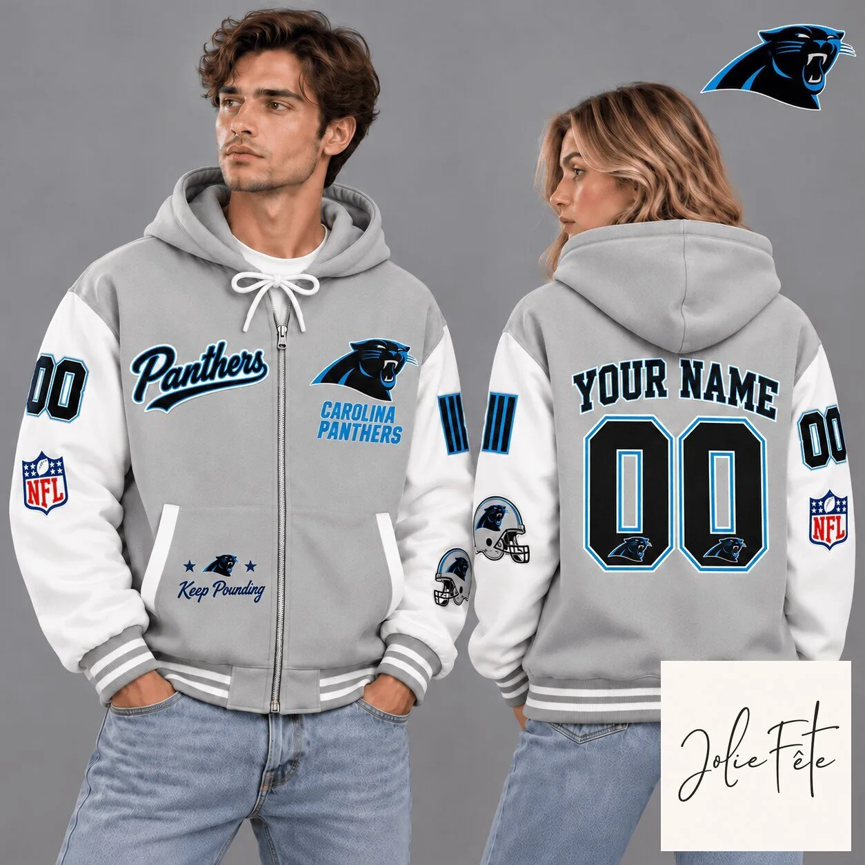 Carolina Panthers NFL Vintage Varsity Gray Custom Name Number Zip Hoodie