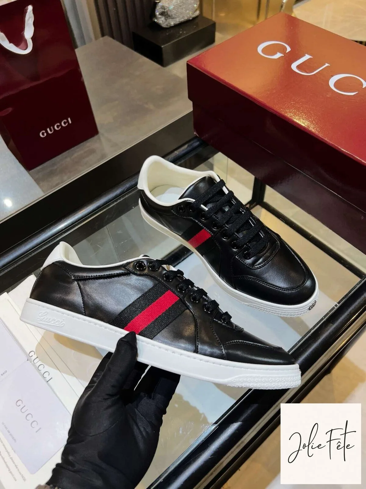 Gucci Black Leather Ace Sneakers with Red and Green Web Stripe Detail 2 Gucci Black Leather Ace Sneakers with Red and Green Web Stripe Detail