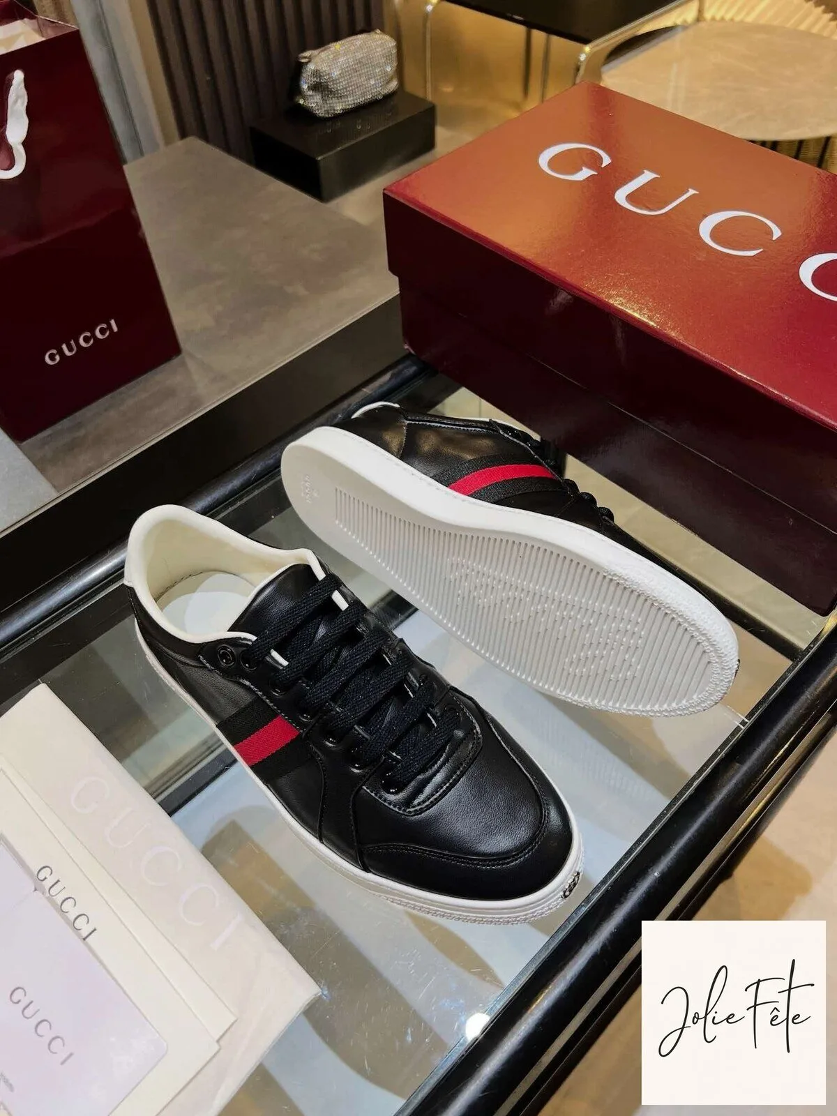 Gucci Black Leather Ace Sneakers with Red and Green Web Stripe Detail 10 Gucci Black Leather Ace Sneakers with Red and Green Web Stripe Detail
