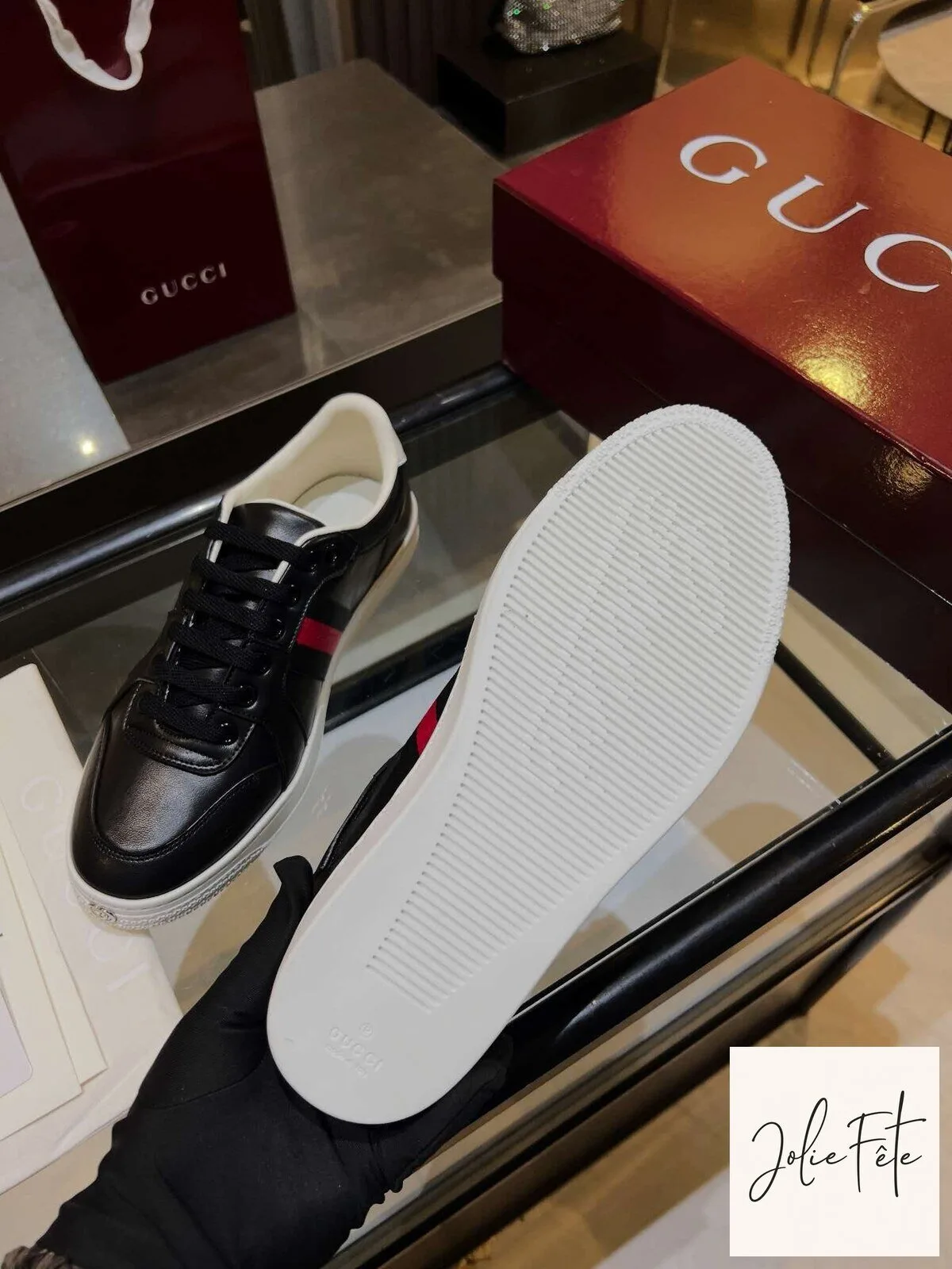 Gucci Black Leather Ace Sneakers with Red and Green Web Stripe Detail 12 Gucci Black Leather Ace Sneakers with Red and Green Web Stripe Detail