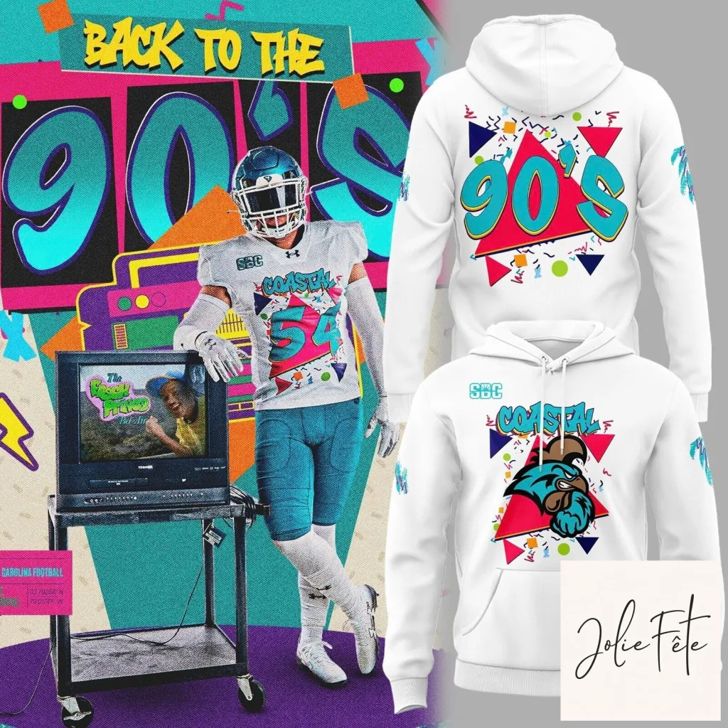 White Hoodie with 90s Theme for Coastal Carolina Chanticleers Football Fans White Hoodie with 90s Theme for Coastal Carolina Chanticleers Football Fans