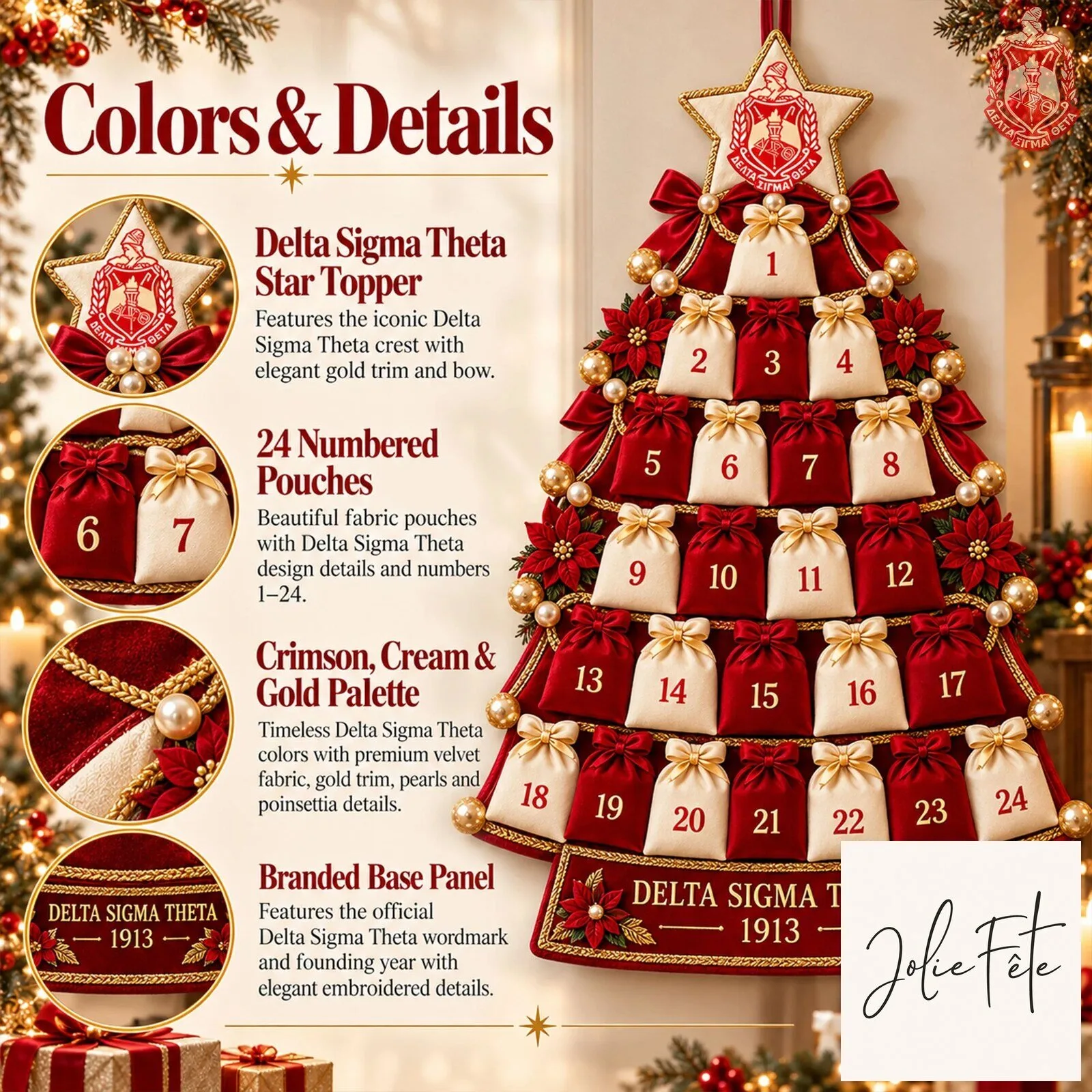 Advent Calendar with 24 Pouches Featuring Delta Sigma Theta Sorority Christmas Tree Design
