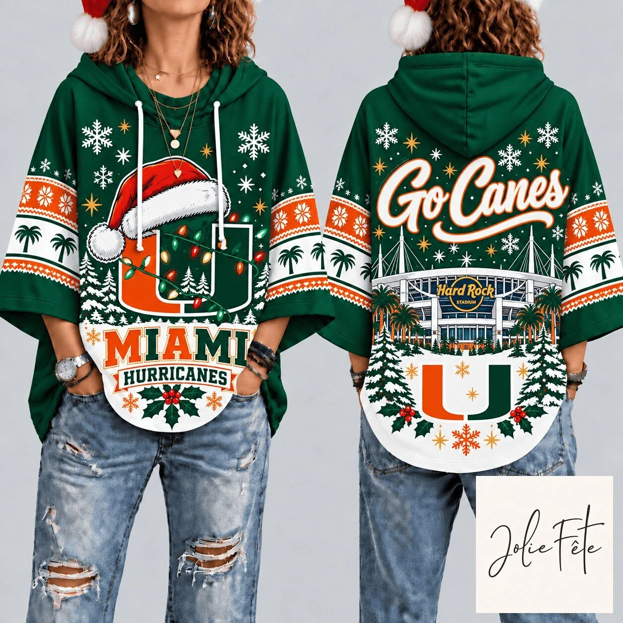 Miami Hurricanes Christmas Ugly Sweater Style Poncho Hoodie for Women 5 Miami Hurricanes Christmas Ugly Sweater Style Poncho Hoodie for Women