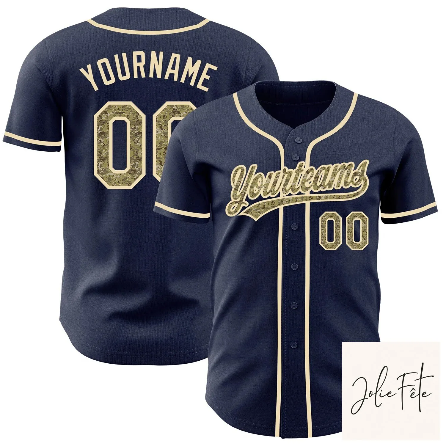 Custom Navy Blue Camouflage Cream Trim Baseball Jersey