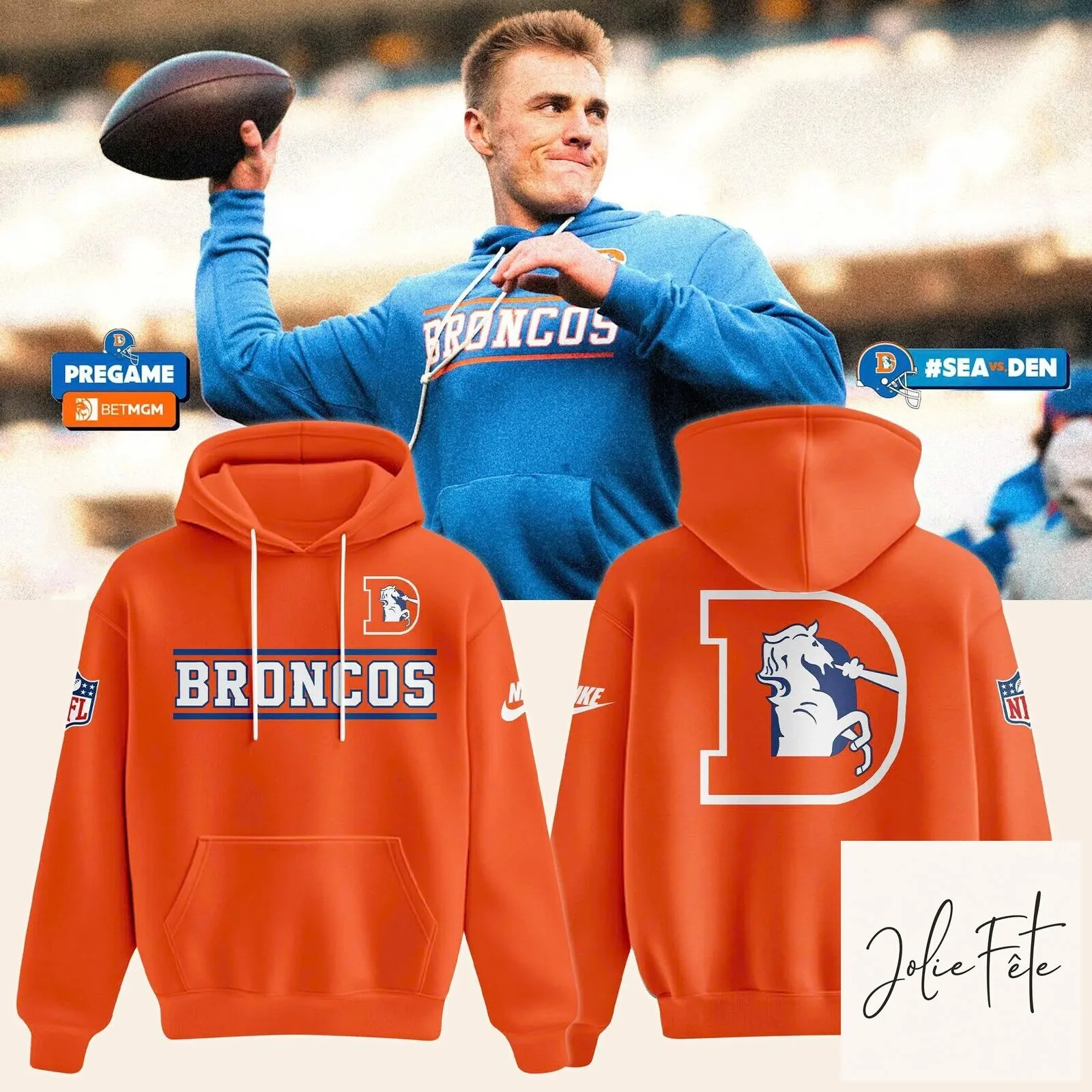 Denver Broncos NFL Football Team Orange Pullover Hoodie Sweatshirt