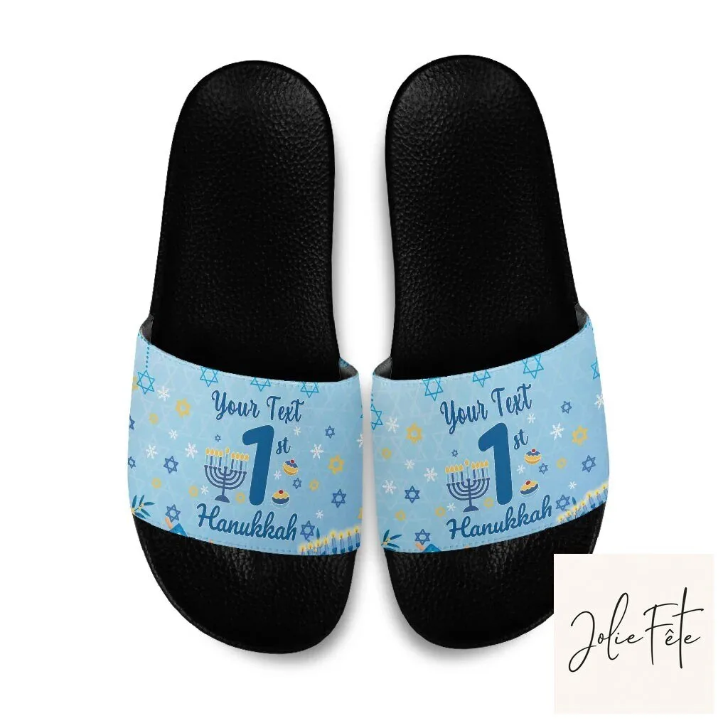 Personalized First Hanukkah Menorah Dreidels Star of David Blue Slide Sandals