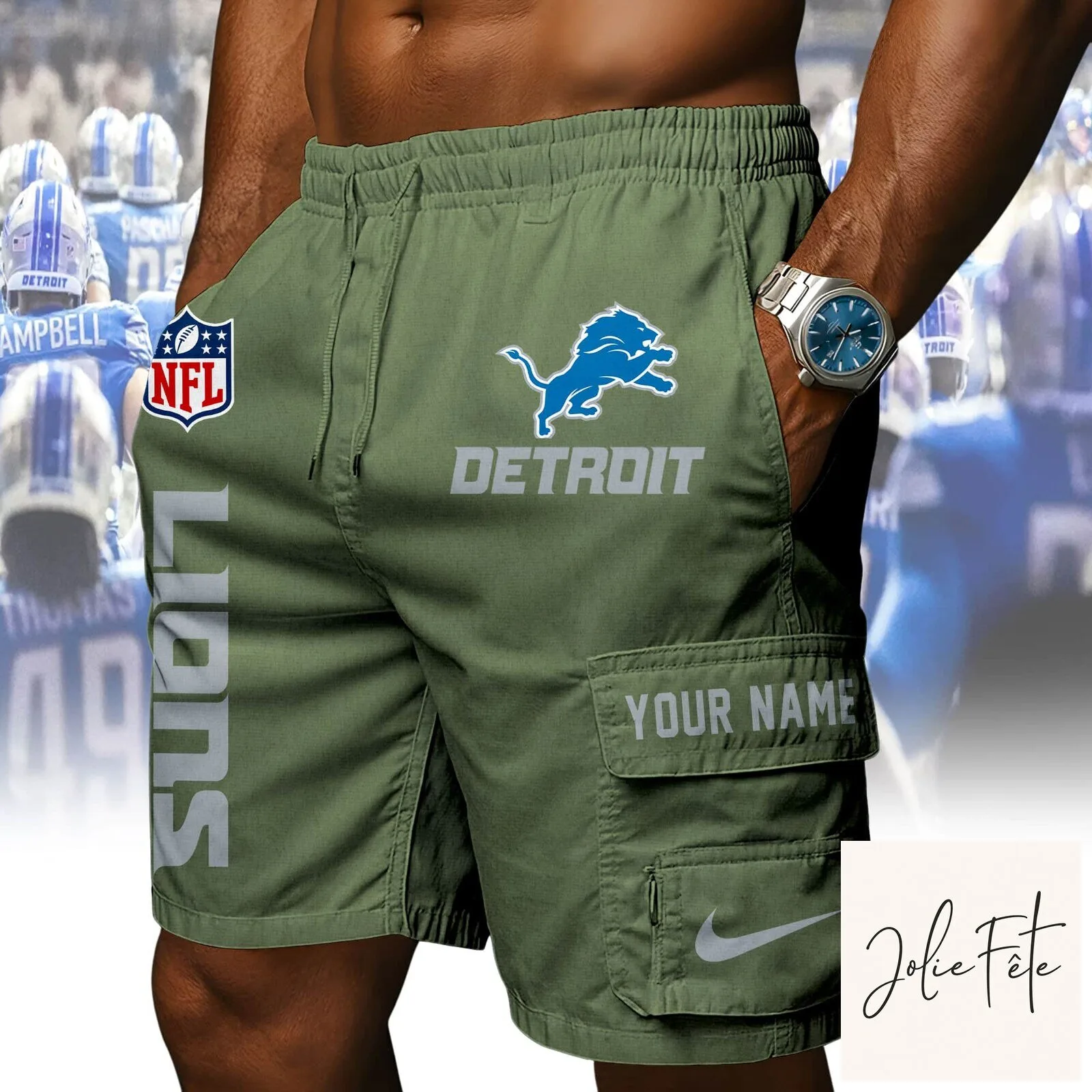 Detroit Lions NFL Custom Name Blue Athletic Cargo Shorts 14 Detroit Lions NFL Custom Name Blue Athletic Cargo Shorts