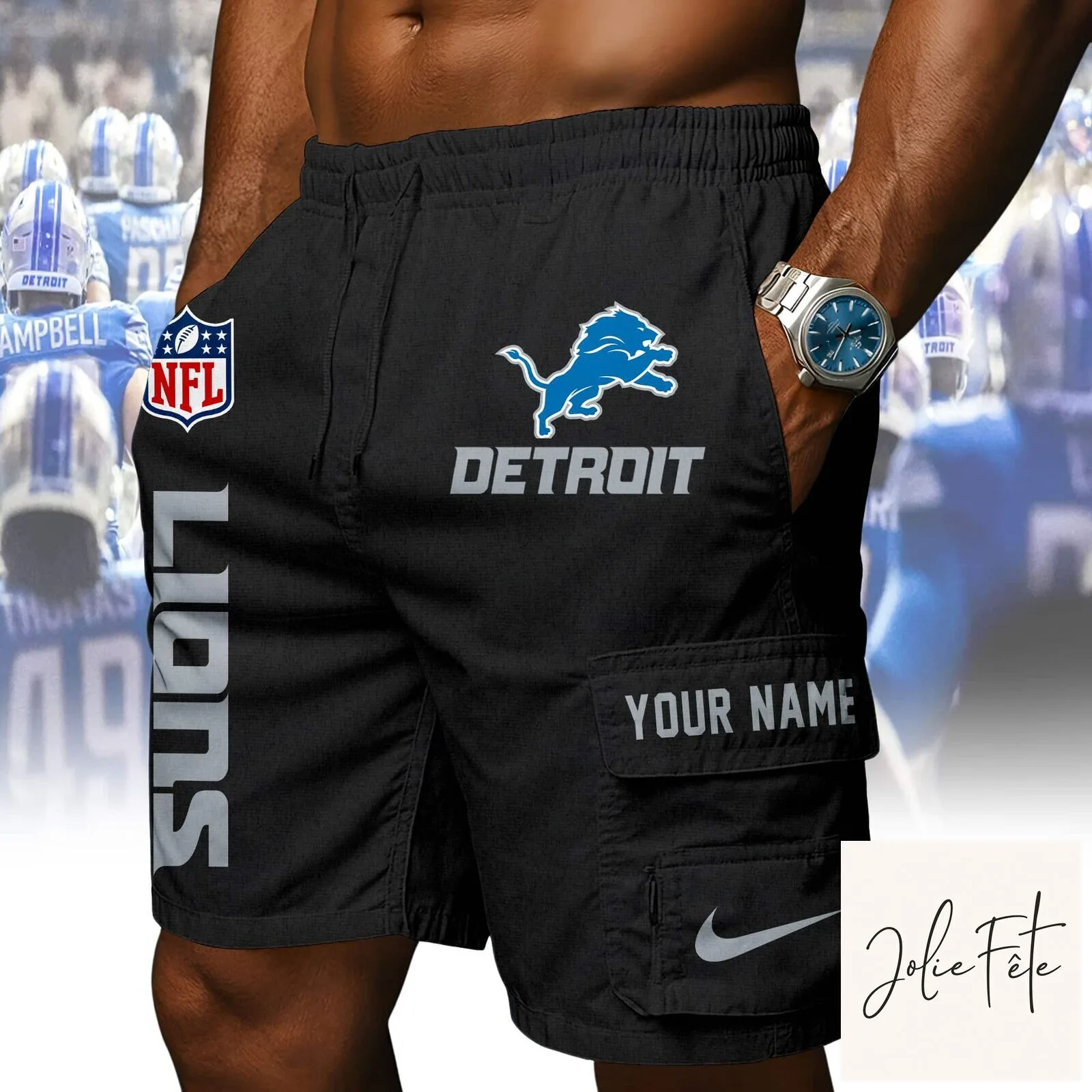 Detroit Lions NFL Custom Name Blue Athletic Cargo Shorts 17 Detroit Lions NFL Custom Name Blue Athletic Cargo Shorts