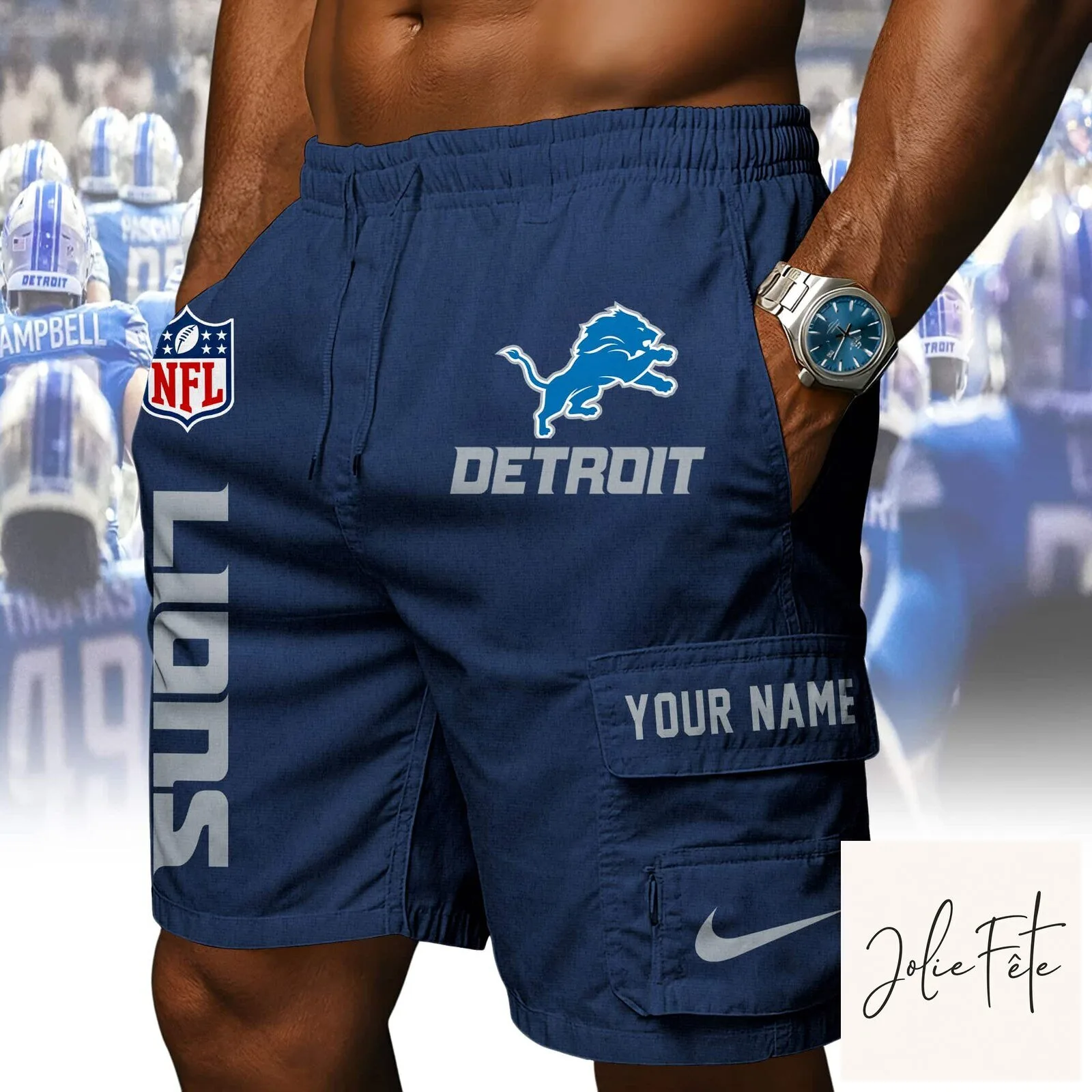 Detroit Lions NFL Custom Name Blue Athletic Cargo Shorts 18 Detroit Lions NFL Custom Name Blue Athletic Cargo Shorts