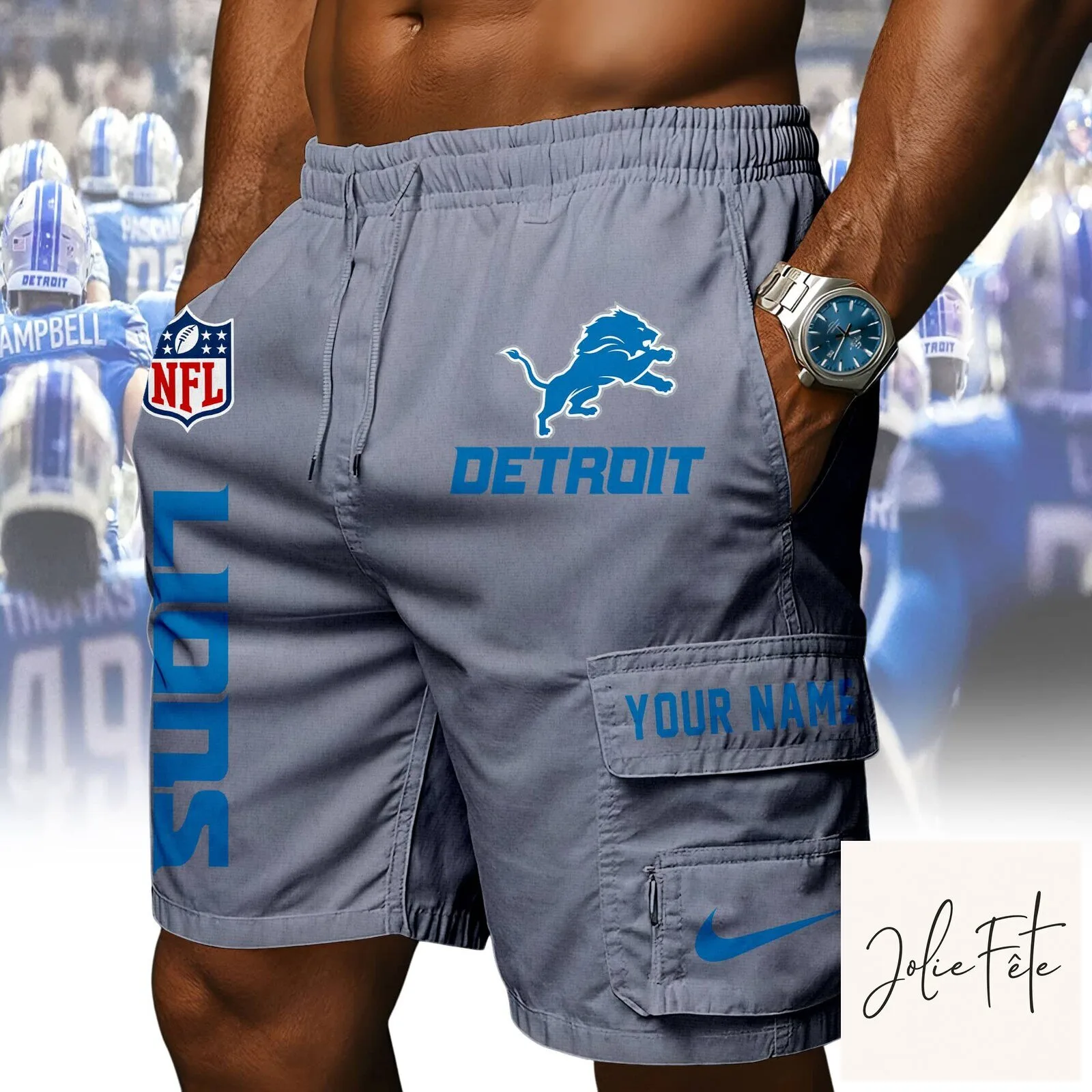 Detroit Lions NFL Custom Name Blue Athletic Cargo Shorts 19 Detroit Lions NFL Custom Name Blue Athletic Cargo Shorts