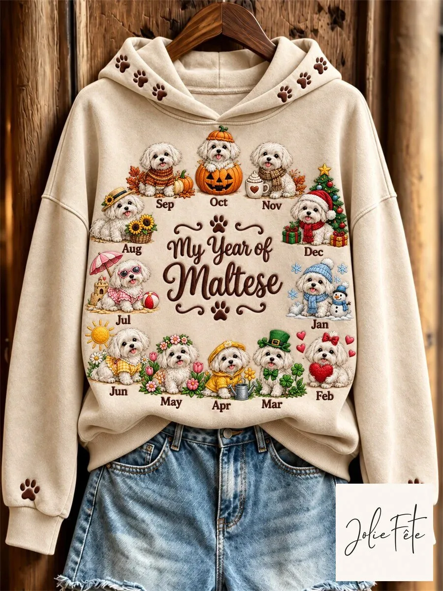 My Year of Maltese Monthly Dogs Print Hoodie with Paw Print Hood