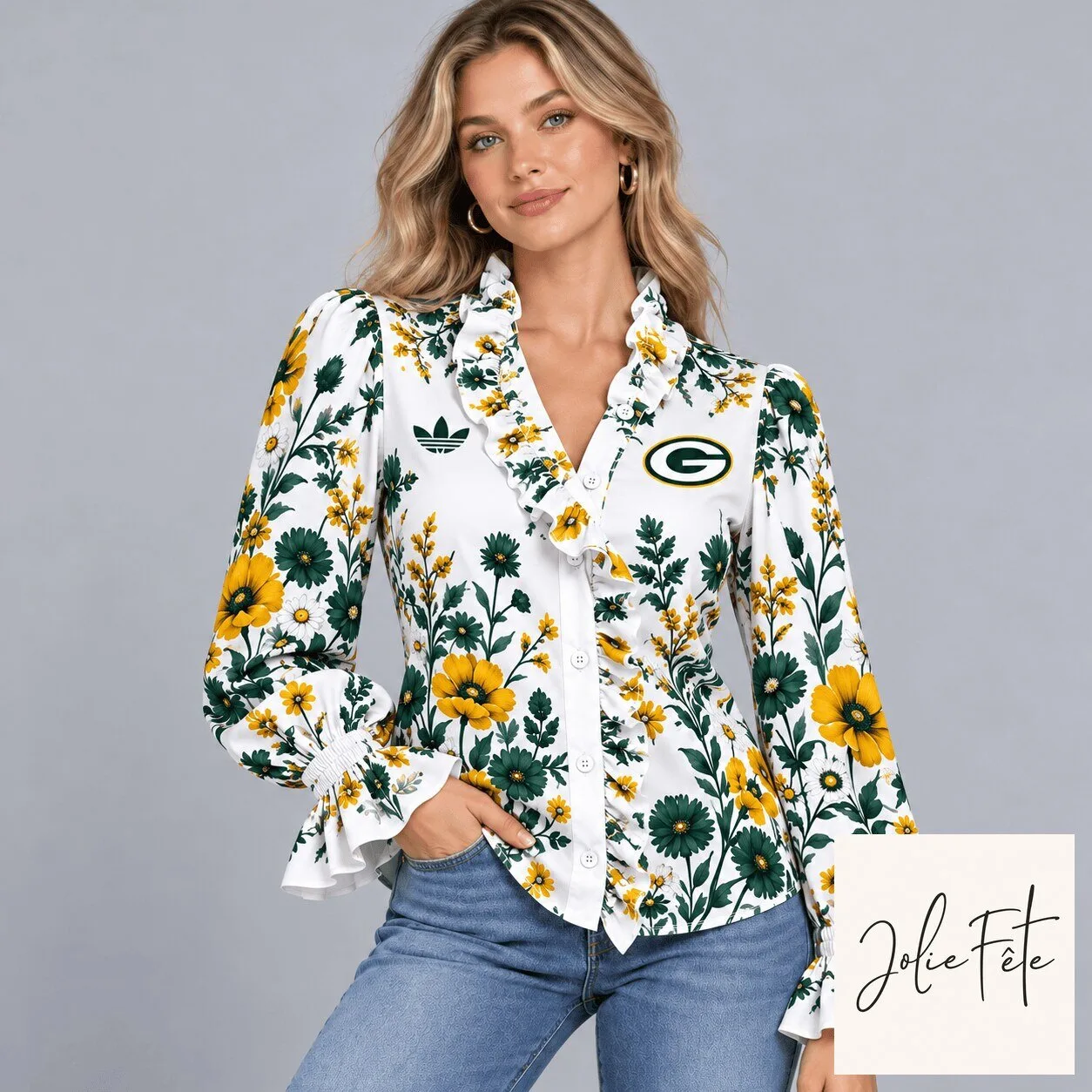 Green Bay Packers Floral Ruffle Neck Button Down Long Sleeve Blouse