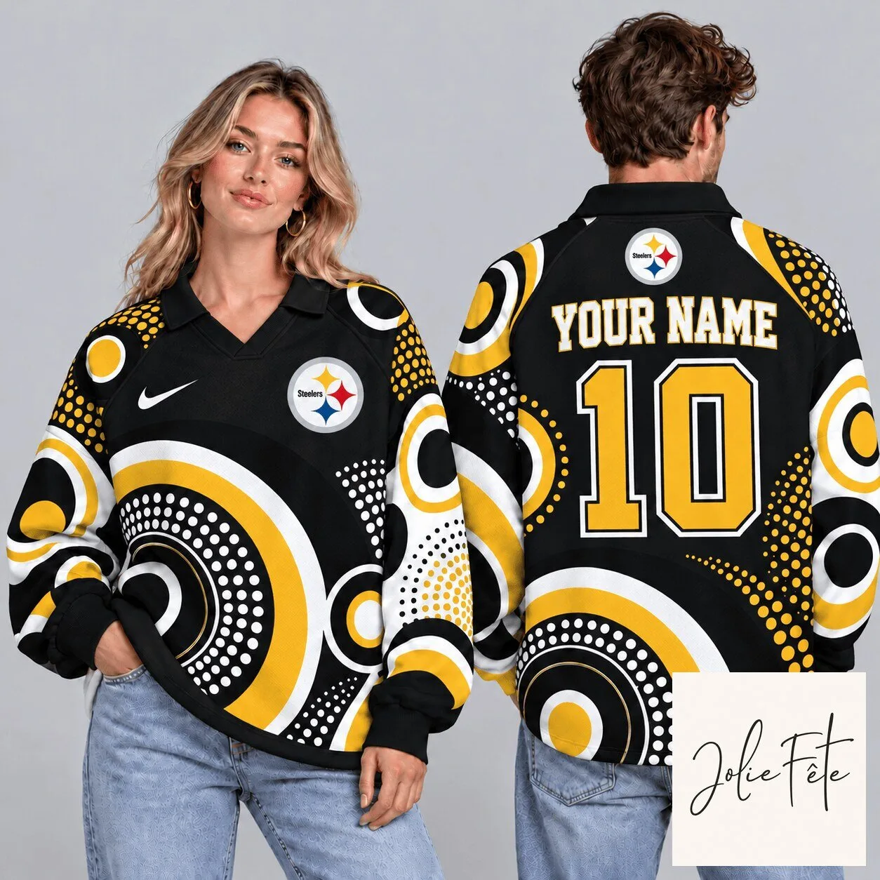 Pittsburgh Steelers Custom Name Number Geometric Circle Print Long-Sleeve Polo Shirt