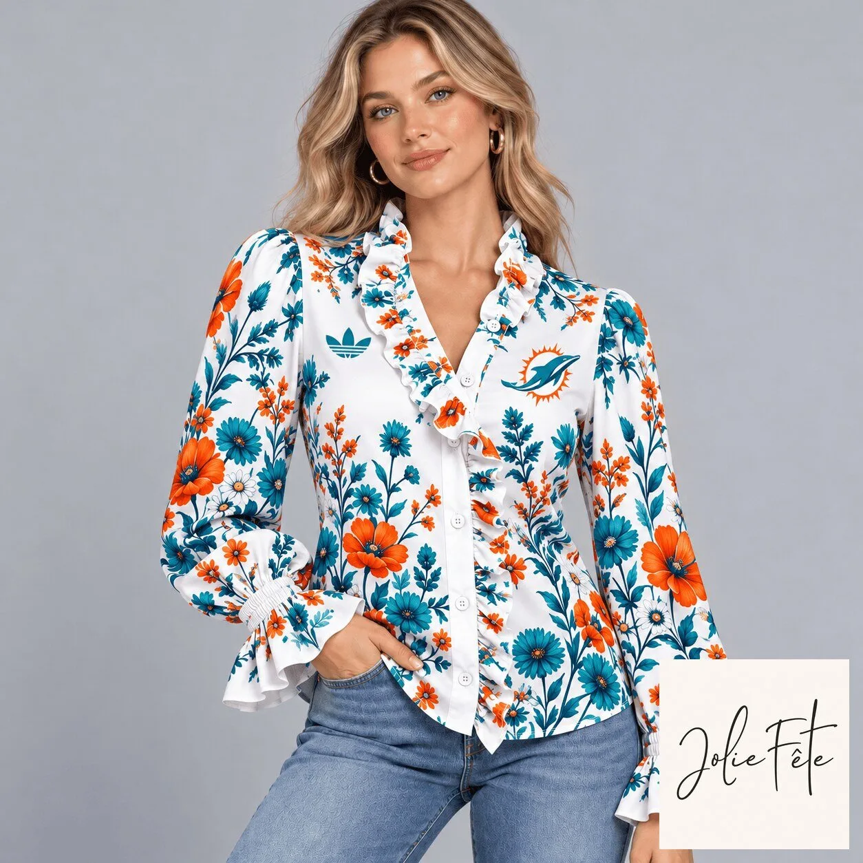 Miami Dolphins Floral Ruffle Neck Long Sleeve Button Down Blouse for Women 1 Miami Dolphins Floral Ruffle Neck Long Sleeve Button Down Blouse for Women
