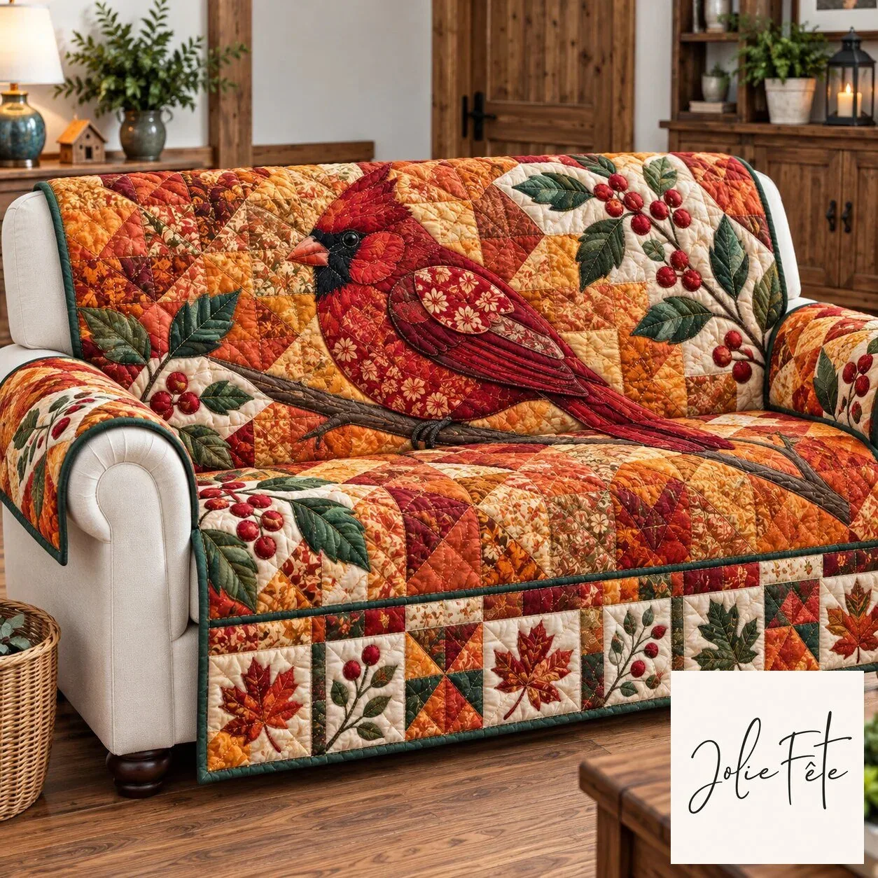 Red Cardinal Bird Autumn Leaves Quilted Sofa Cover Protector Slipcover