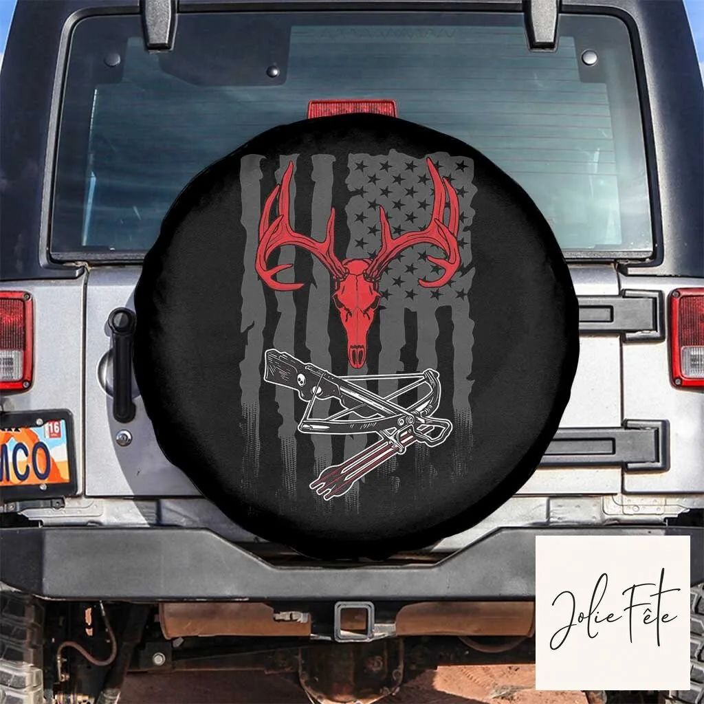 Compound Bow Hunting Deer Skull American Flag Spare Tire Cover