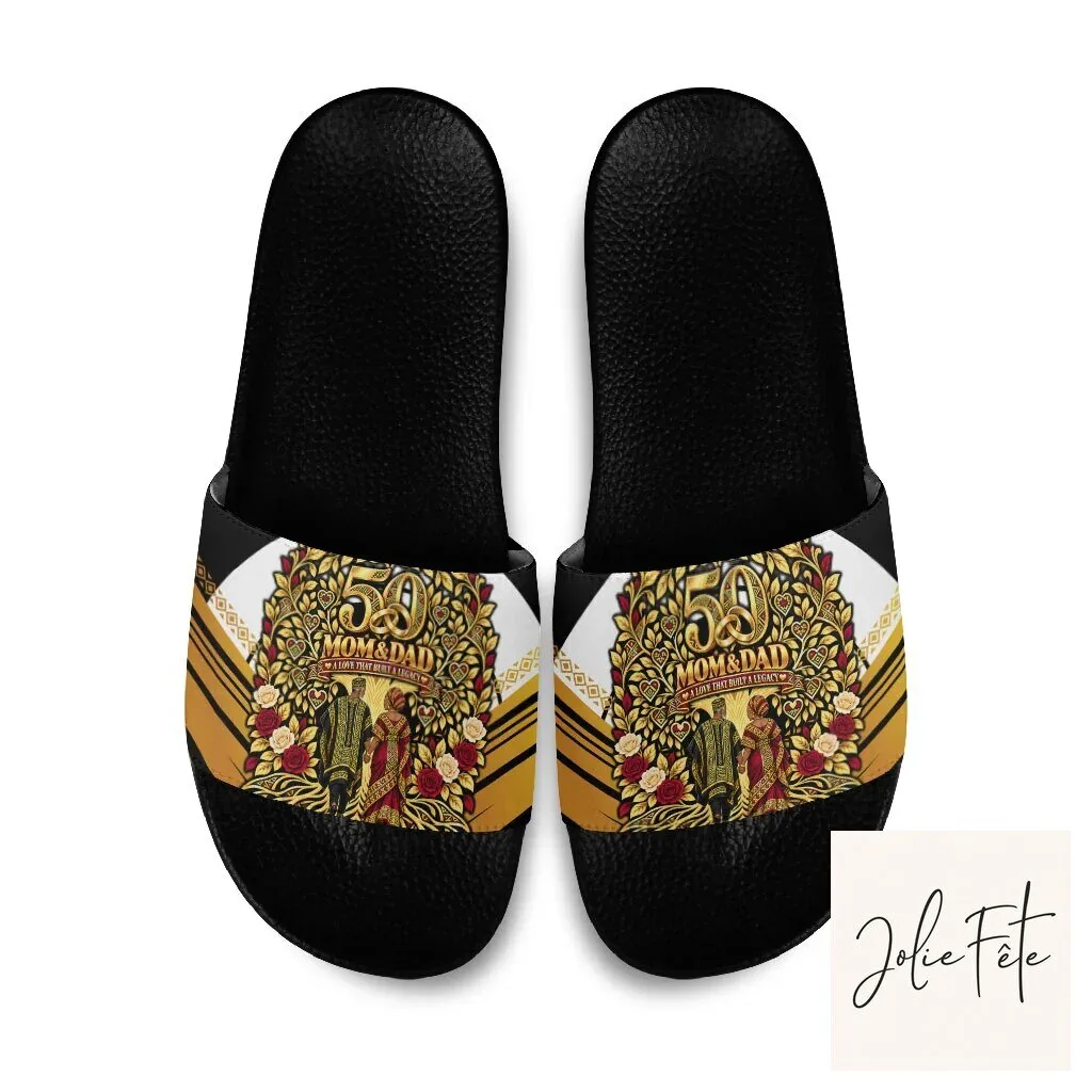 African Golden 50th Wedding Anniversary Mom and Dad Slide Sandals 1 African Golden 50th Wedding Anniversary Mom and Dad Slide Sandals