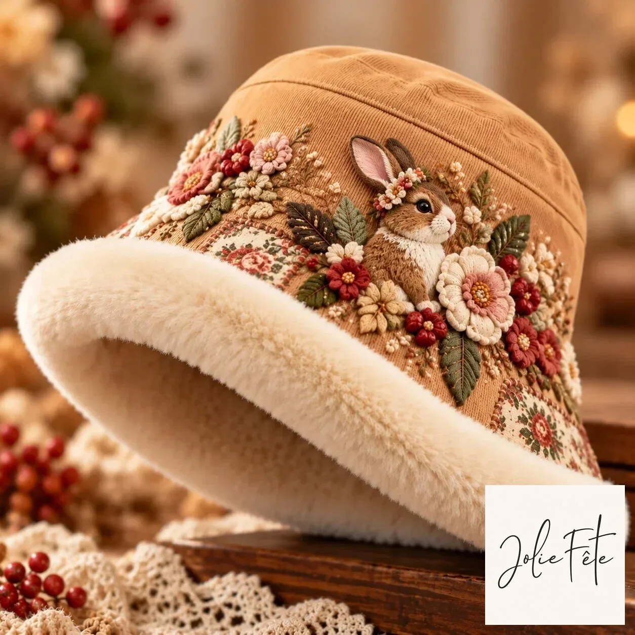 Embroidered Floral Bunny Plush-Lined Winter Bucket Hat for Women