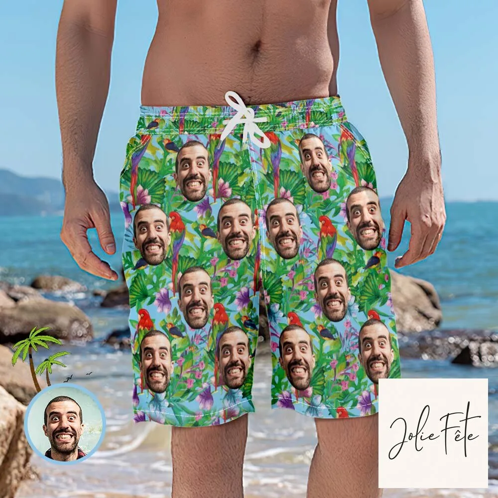Custom Face Parrot Tropical Pattern Men's Personalized Swim Trunks