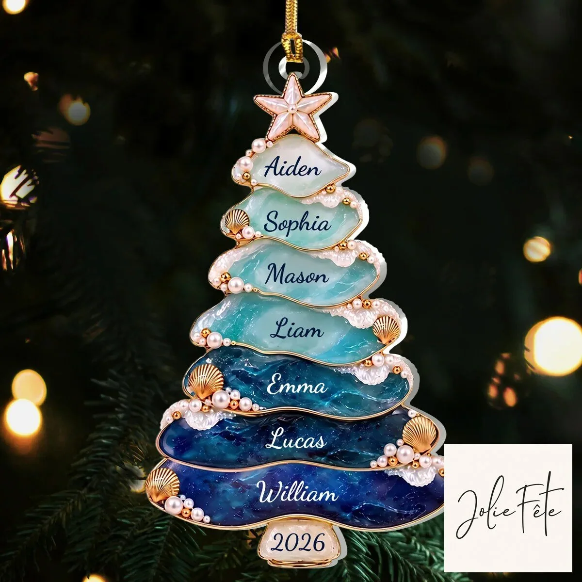 Personalized Sea Glass Family Christmas Tree Coastal Ocean Beach Holiday Ornament