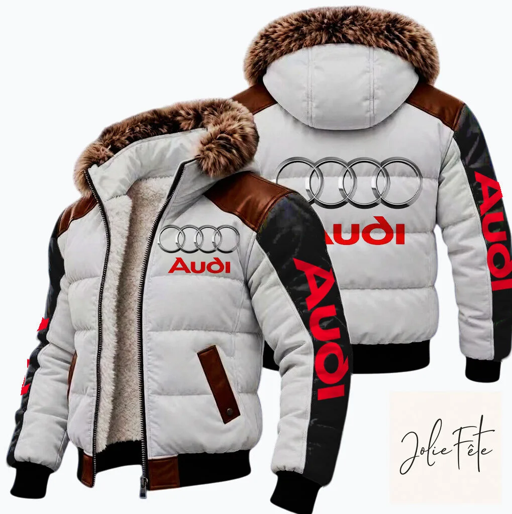 Audi Car Logo White Winter Puffer Jacket with Fur Hood