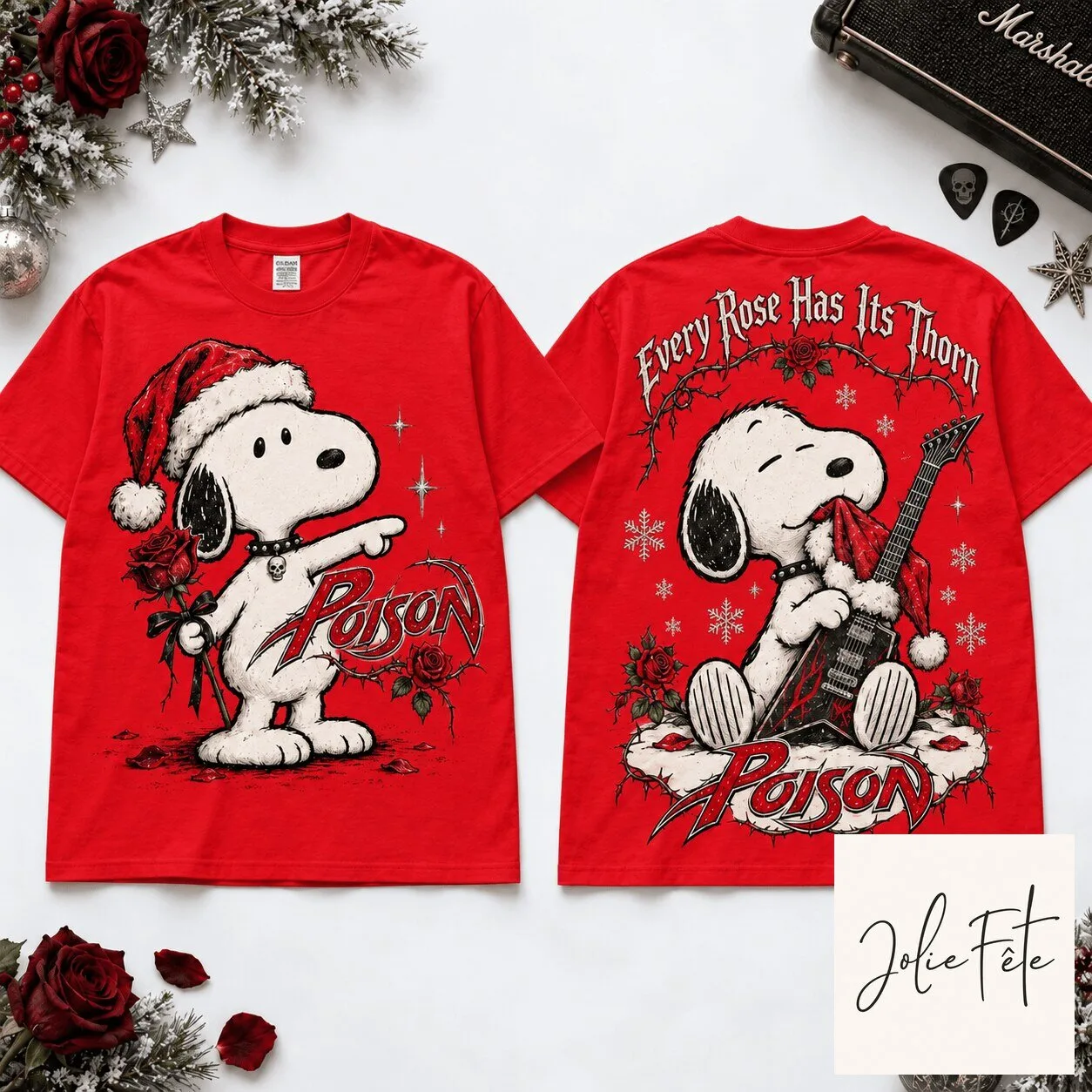 Poison Snoopy Christmas Every Rose Has Its Thorn Rock Band T-Shirt