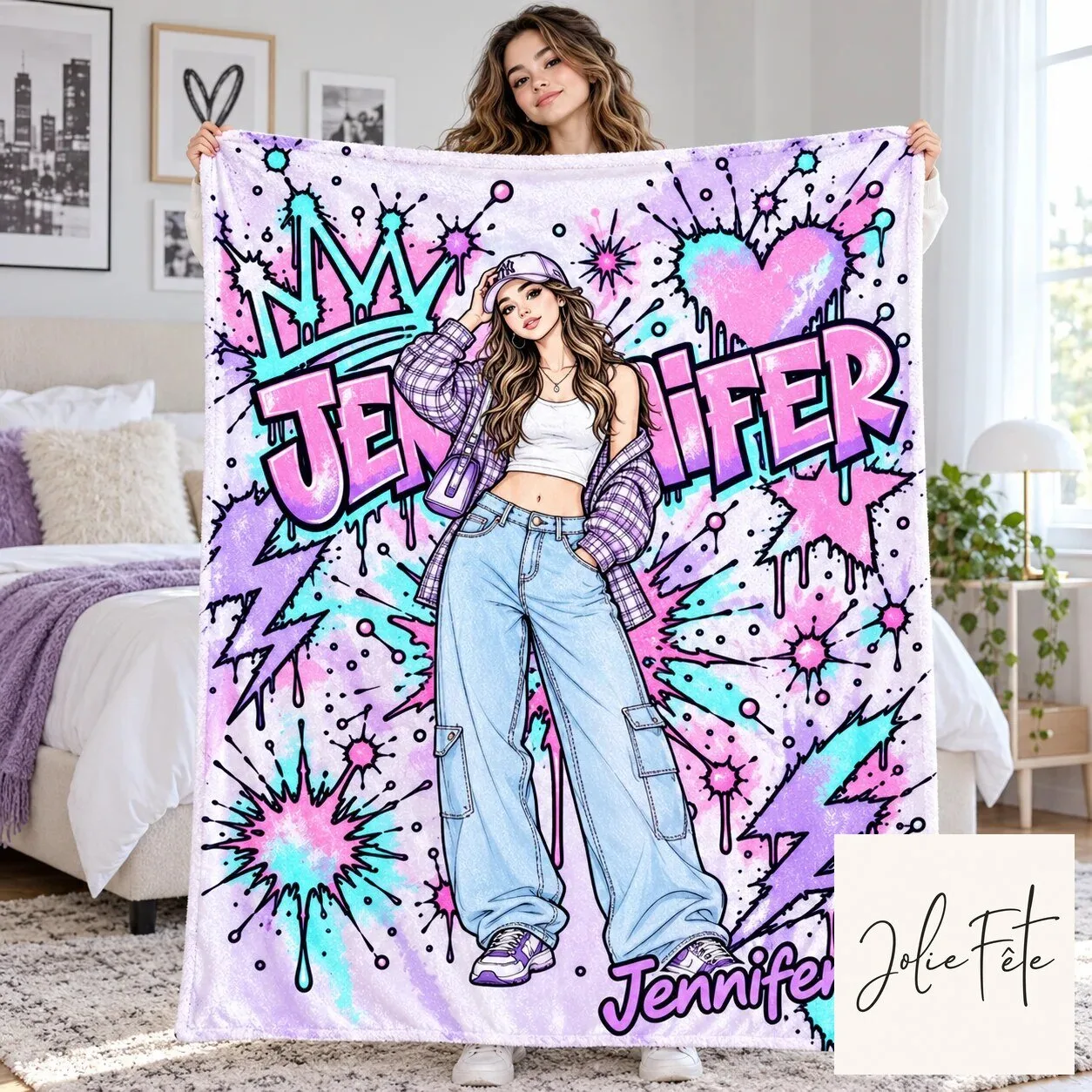 Personalized Jennifer Graffiti Art Throw Blanket, Custom Name Street Style Fleece Blanket