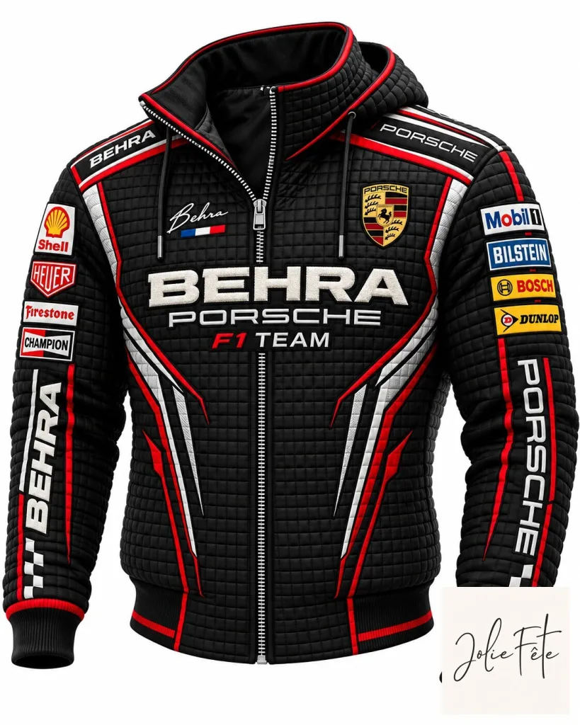Porsche Formula 1 Team Black Quilted Full-Zip Hooded Jacket 1 Porsche Formula 1 Team Black Quilted Full-Zip Hooded Jacket
