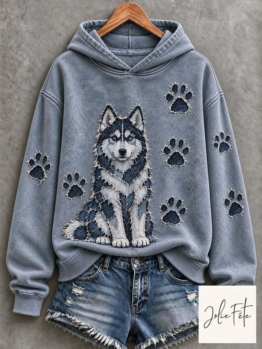 Husky and Paw Print Patchwork Design Women's Casual Hoodie