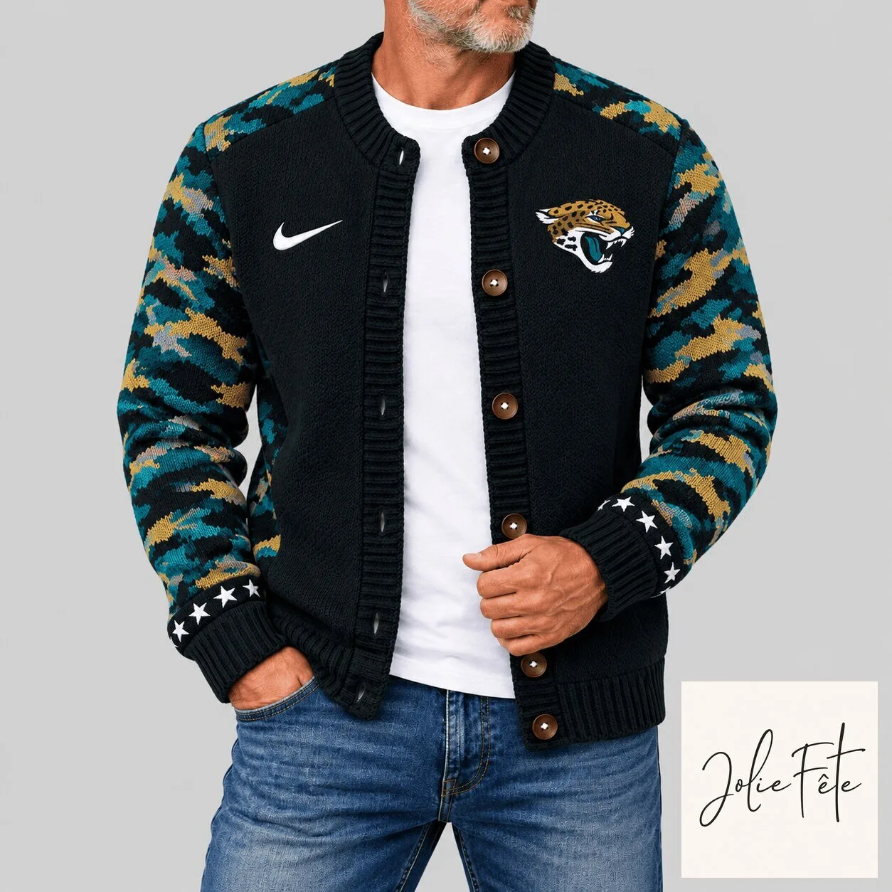 Jacksonville Jaguars NFL Camo Sleeve Knit Cardigan Sweater for Men