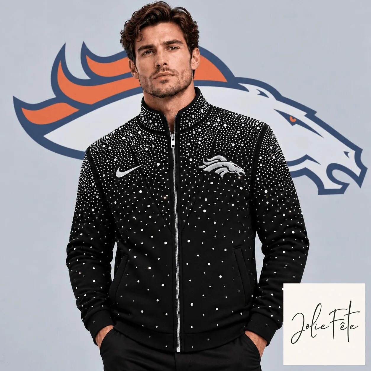 Denver Broncos Sparkling Rhinestone Effect Full Zip Track Jacket for Men